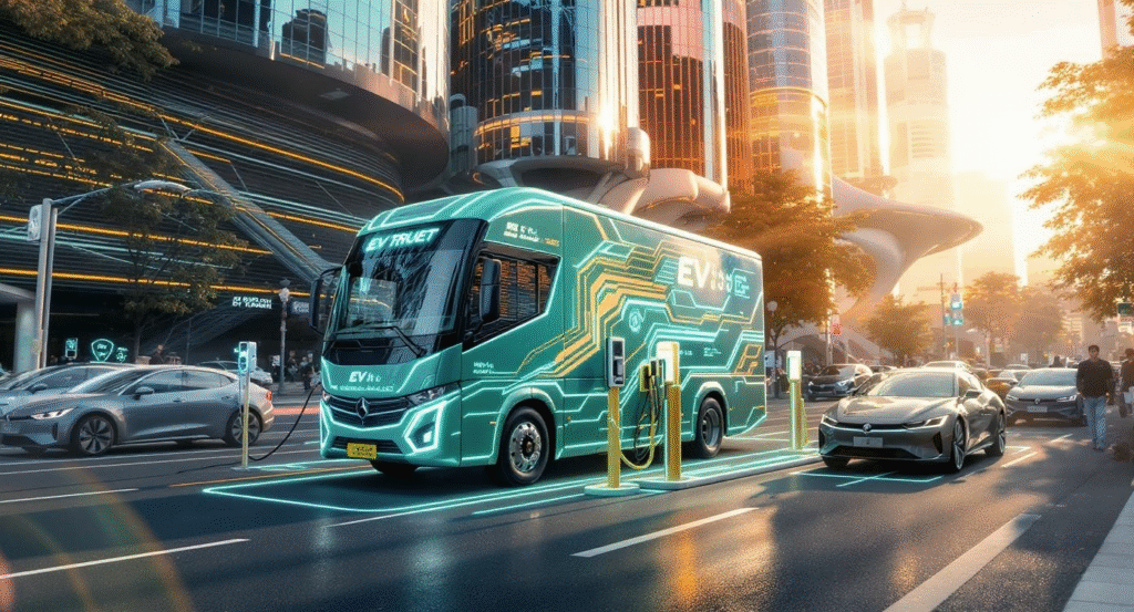 Dynamic urban scene showcasing a high tech mobile 1750947548812