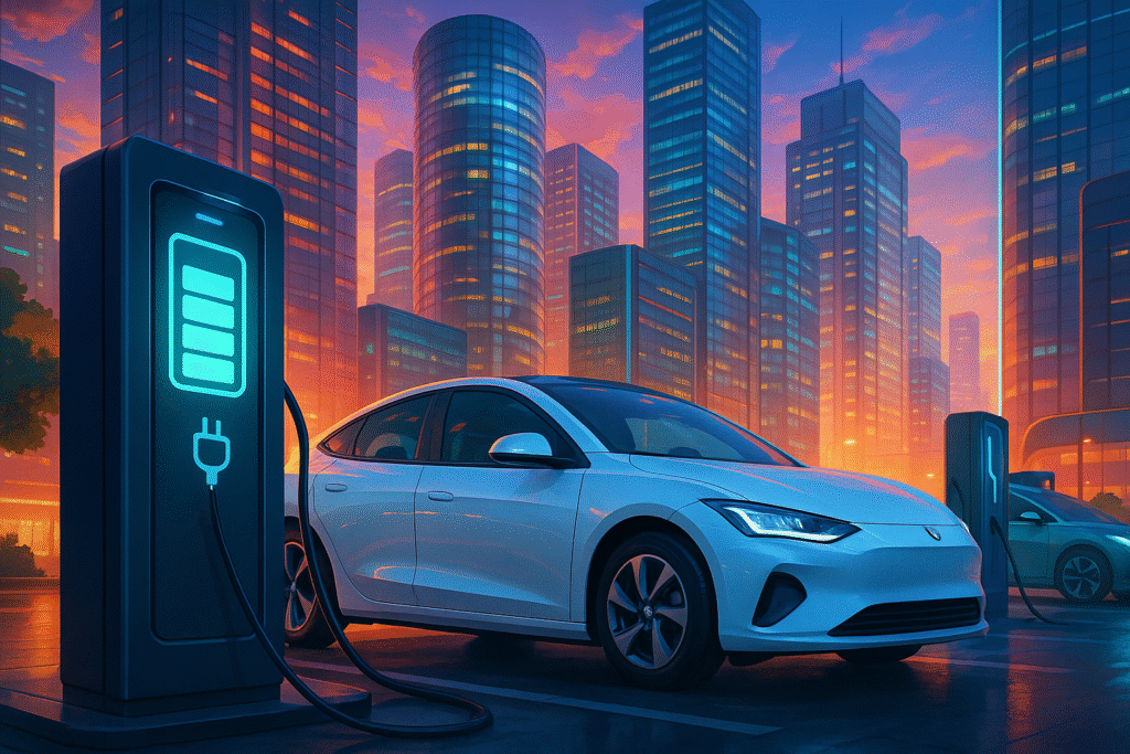 In a bustling urban landscape sleek modern electr 1750944407611