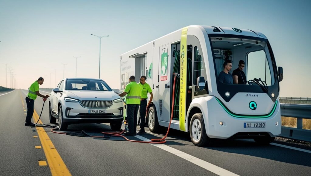 create pictures of mobile charging companies charge strandered ev mobile drivers we want them to be real pictures not ai generated 1