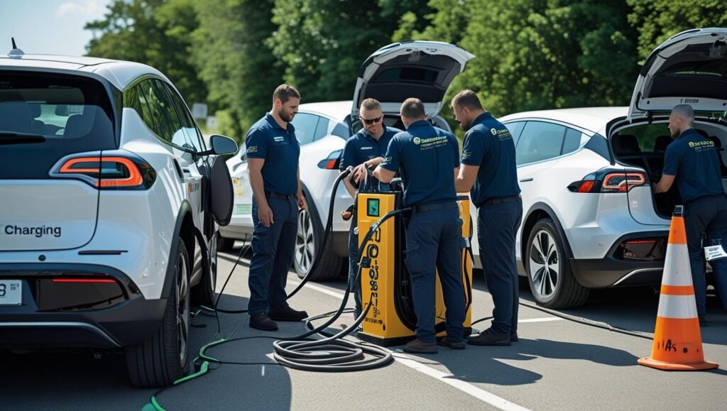 create pictures of mobile charging companies charge strandered ev mobile drivers we want them to be real pictures not ai generated 2