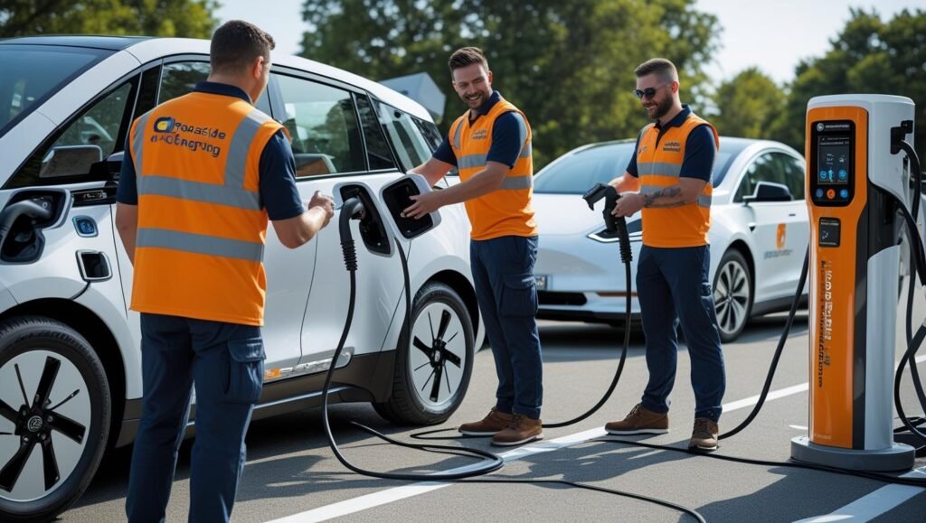 create pictures of mobile charging companies charge strandered ev mobile drivers we want them to be real pictures not ai generated 3