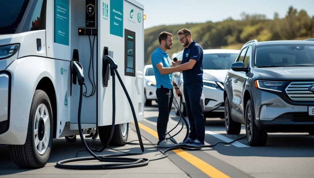 create pictures of mobile charging companies charge strandered ev mobile drivers we want them to be real pictures not ai generated 4