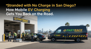 Stranded with no charge in San Diego? Call 888-675-9555 for mobile EV charging that gets you back on the road fast. FastTrack Towing SD serves all of San Diego County 24/7.