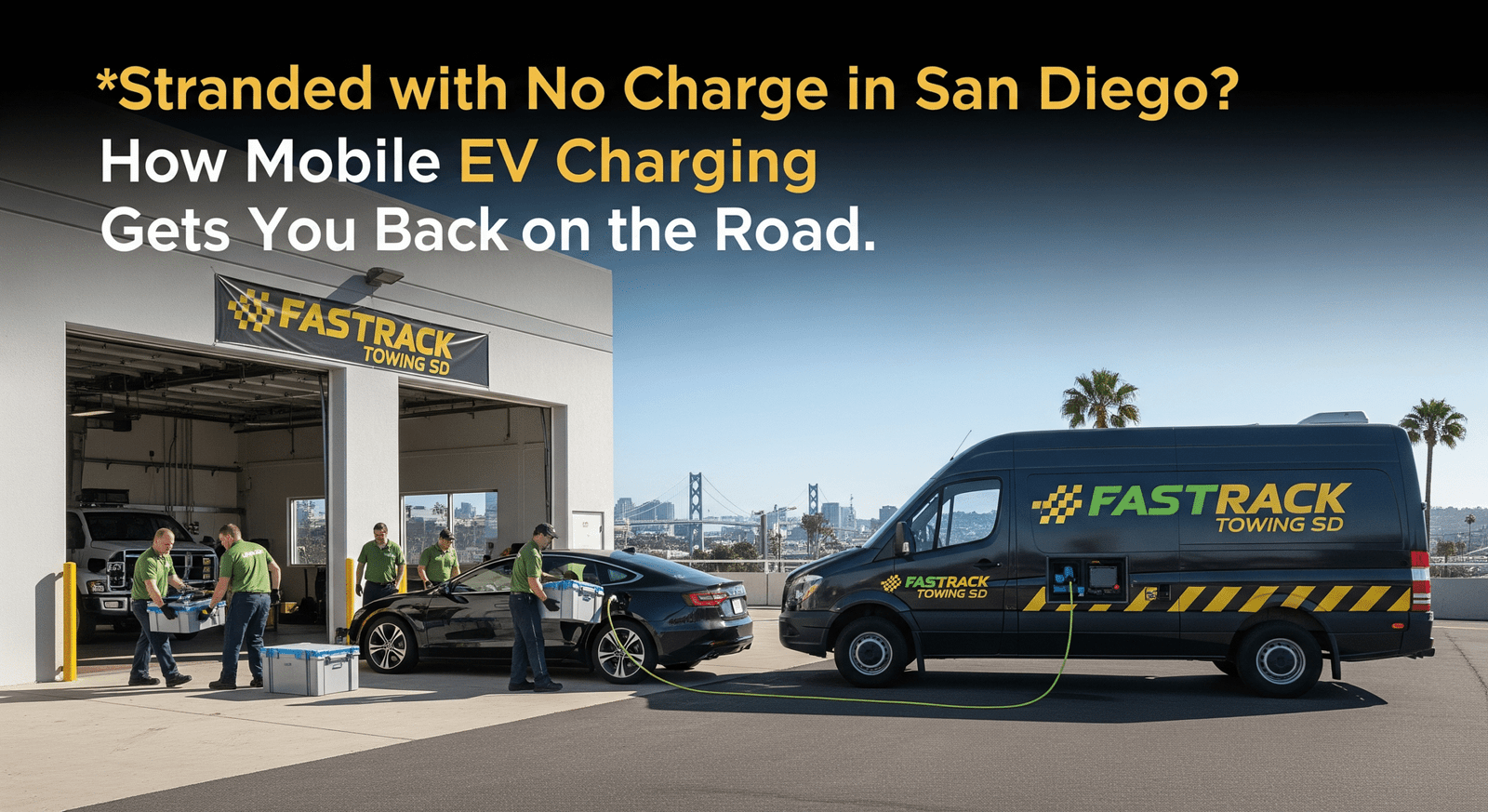Stranded with no charge in San Diego? Call 888-675-9555 for mobile EV charging that gets you back on the road fast. FastTrack Towing SD serves all of San Diego County 24/7.